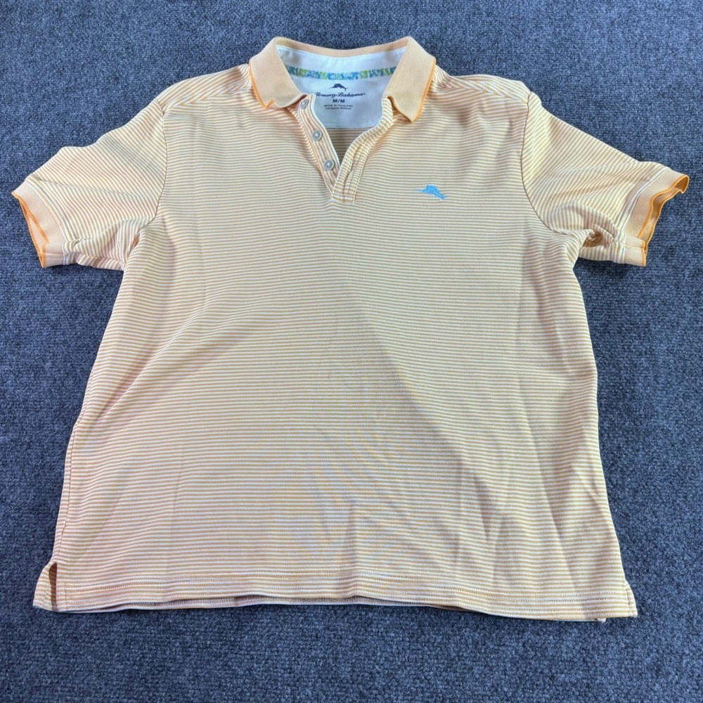 Tommy Bahama Polo Shirt Mens Medium Orange Striped Pima Cotton Emfielder Marlin